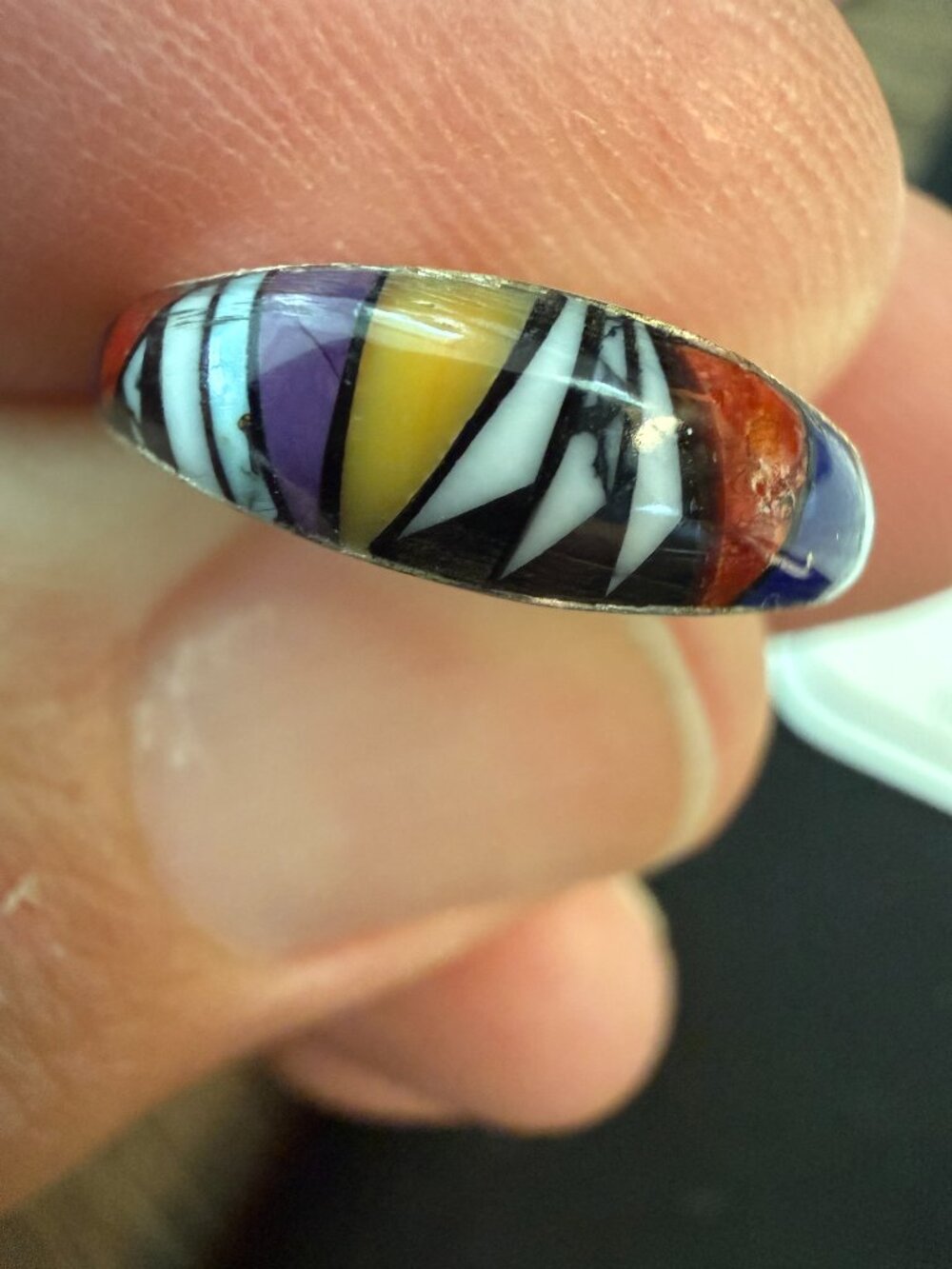 Native American style inlay ring sterling silver and multiple stones.